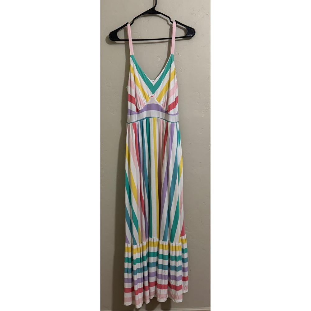 Torrid 1 rainbow stripe maxi dress 1X ruffle hem pockets 95% rayon 1